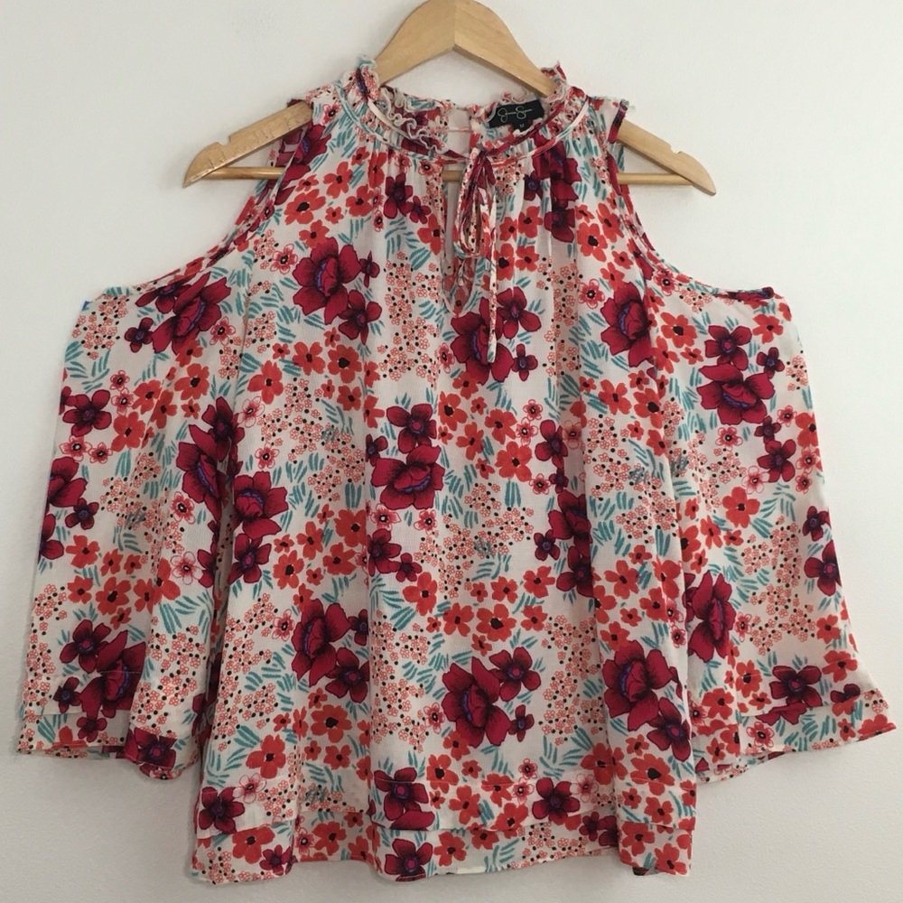 Jessica Simpson | Cold Shoulder Tie Front Stand Up Ruffled Neckline Blouse